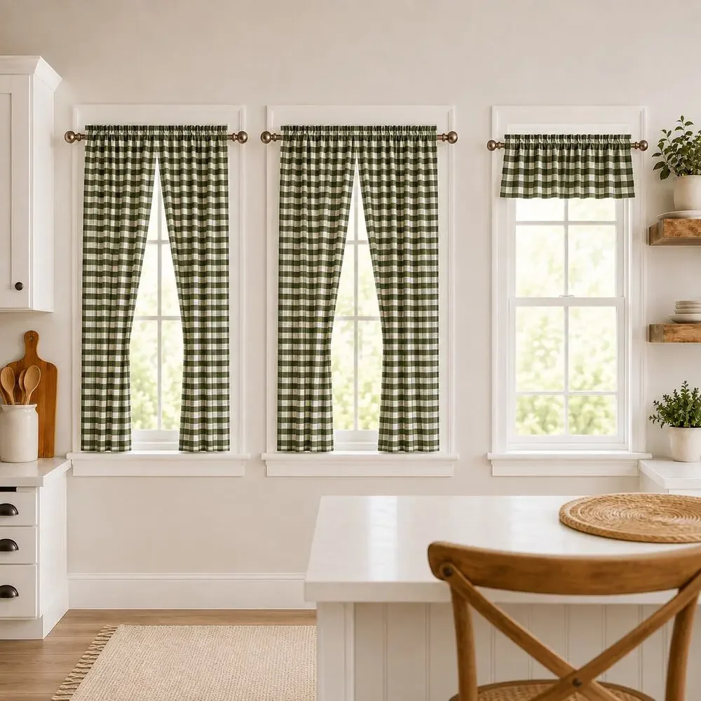 Green Gingham Check Curtains Set of 2 and Valance Polyester Cotton Cottage Core